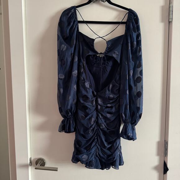 New For Love & Lemons Lula Mini Dress Blue Polka Dot Ruched Cut Out Zip Sz M - Picture 8 of 12
